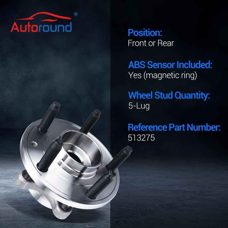 Autoround أوتوروند 513275 مجموعة محمل محور العجلة الأمامية/الخلفية المتوافقة مع فورد إيدج 2011-2014/فليكس 2009-2018/تاوروس 2010-2019، لينكولن MKS 2009-2016/MKT 2010-2019/MKX 2011-2015، 5 لاغز مع ABS - Image 3